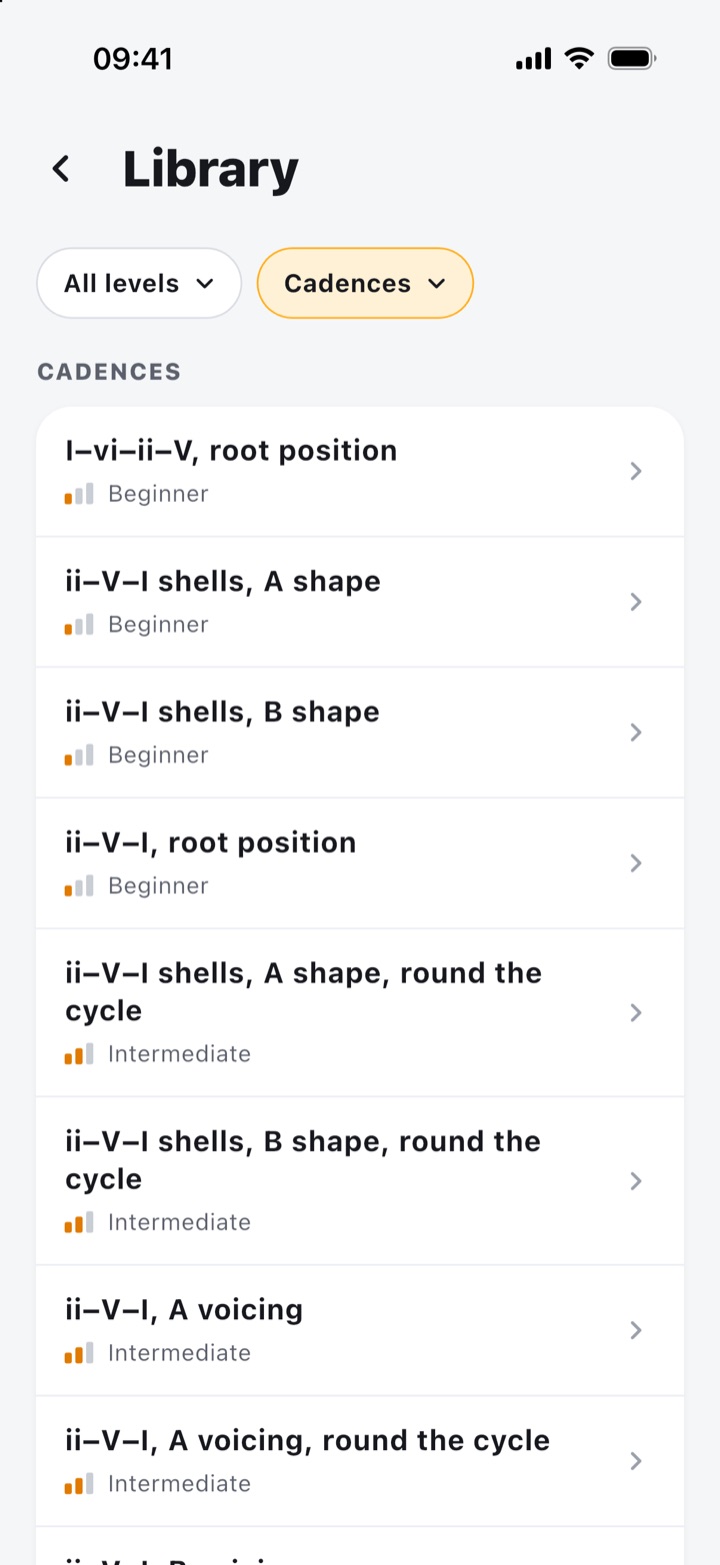 The library, filtered to cadences: ii–V–I shells, root position, A voicings, round the cycle.