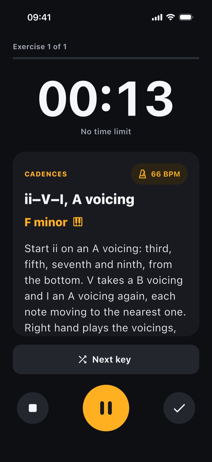The player: a ii–V–I in A voicings in F minor, the clock counting up, a Next key button and the controls.